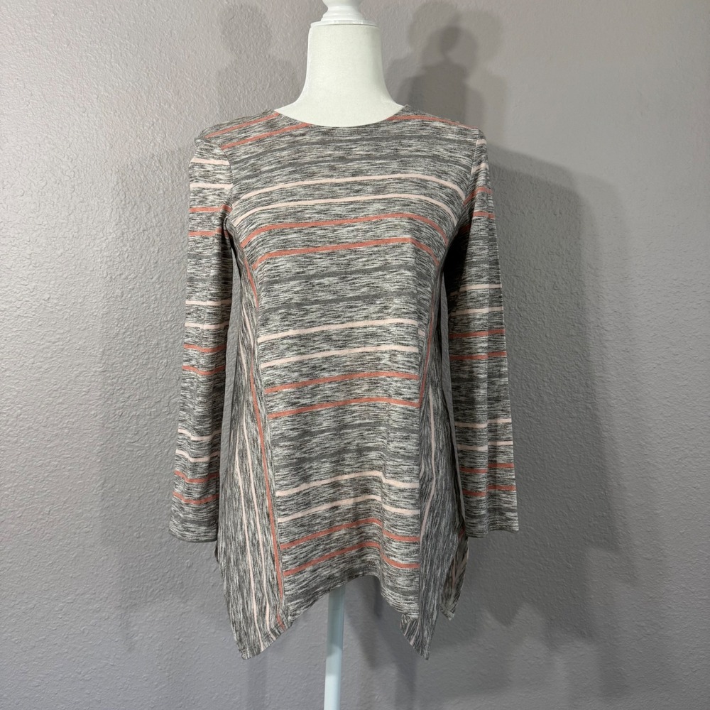 Pure Jill J Jill Women's  PETITE Size XSp Gray Striped Shark Bite Hem‎ Tunic Top